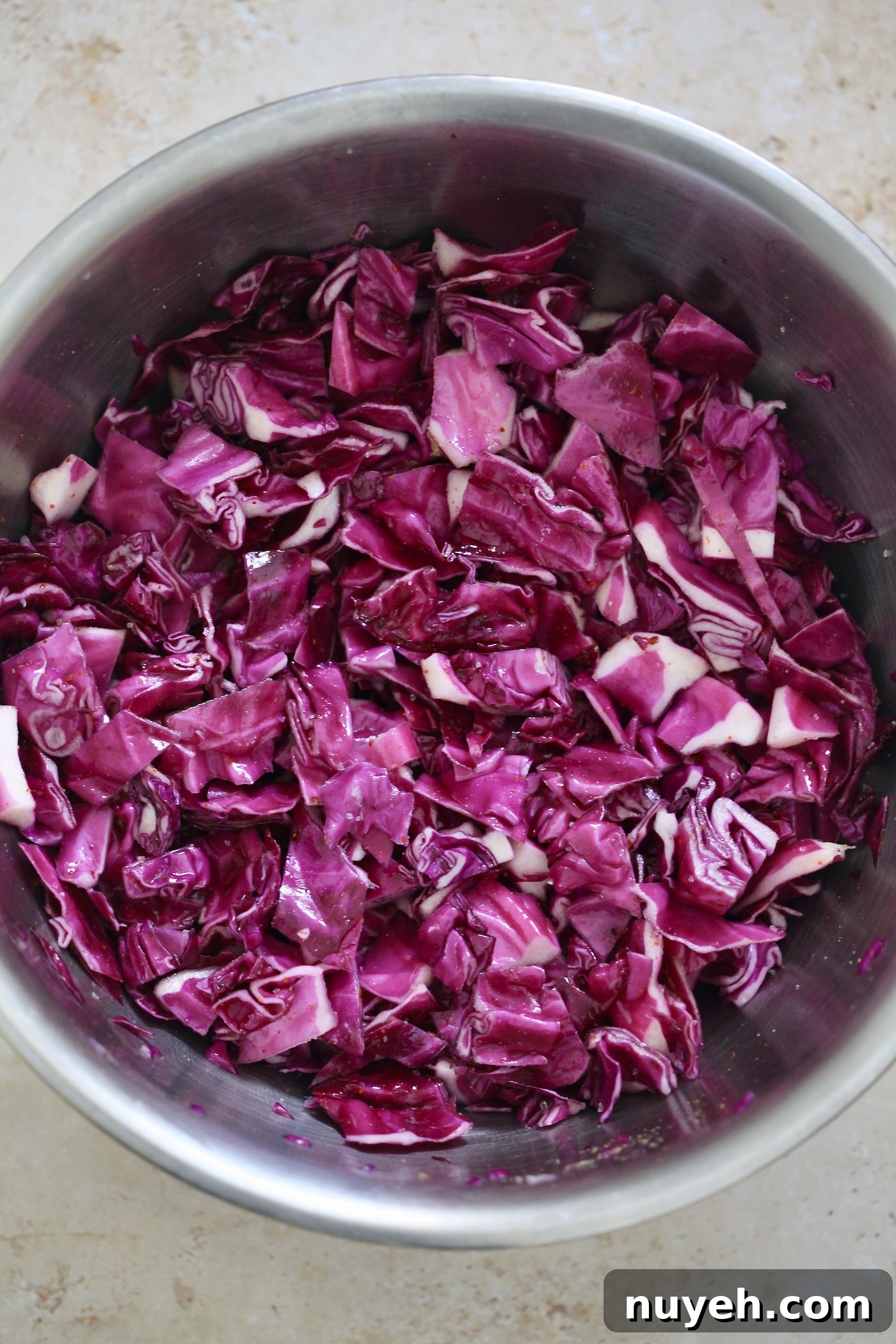 purple cabbage in mixing bowl.