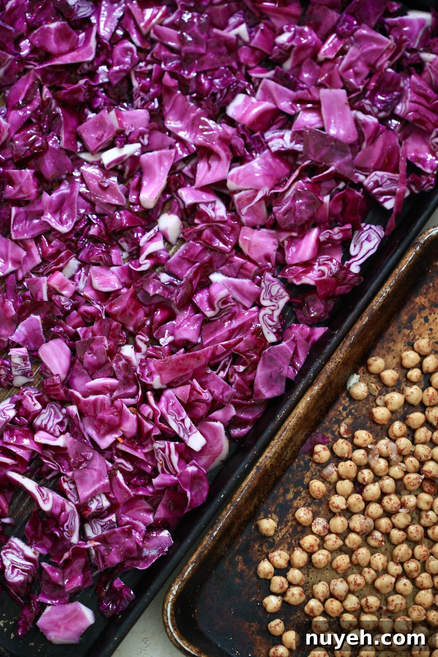 cabbage and chickpeas on sheet pans.