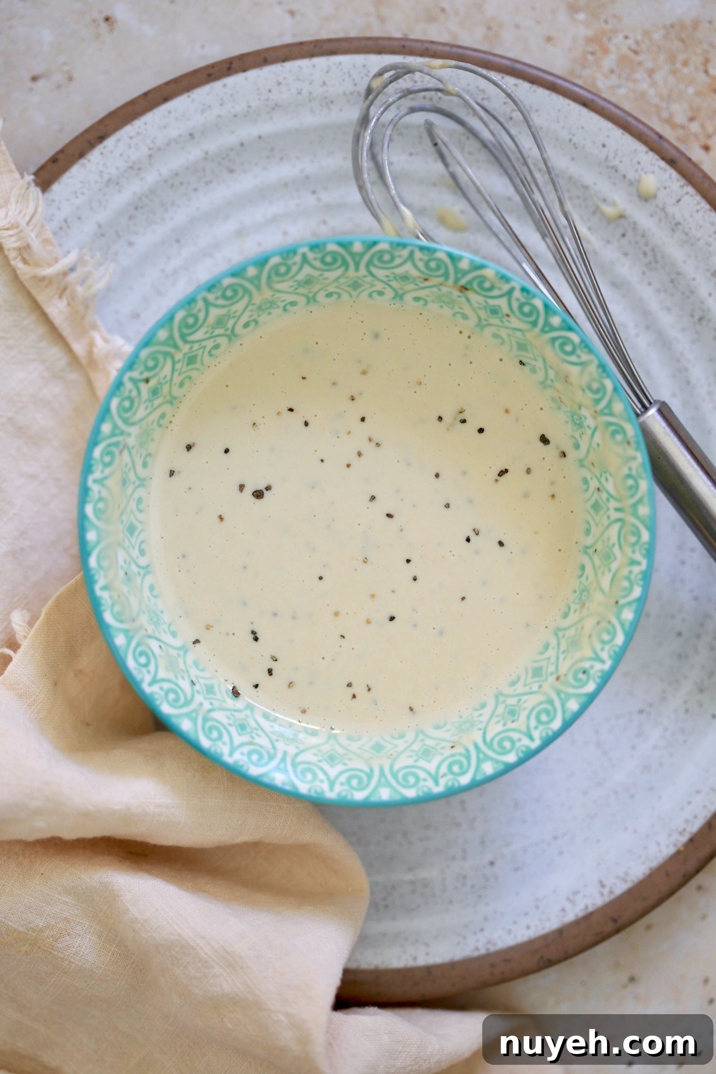 blue bowl with creamy dressing