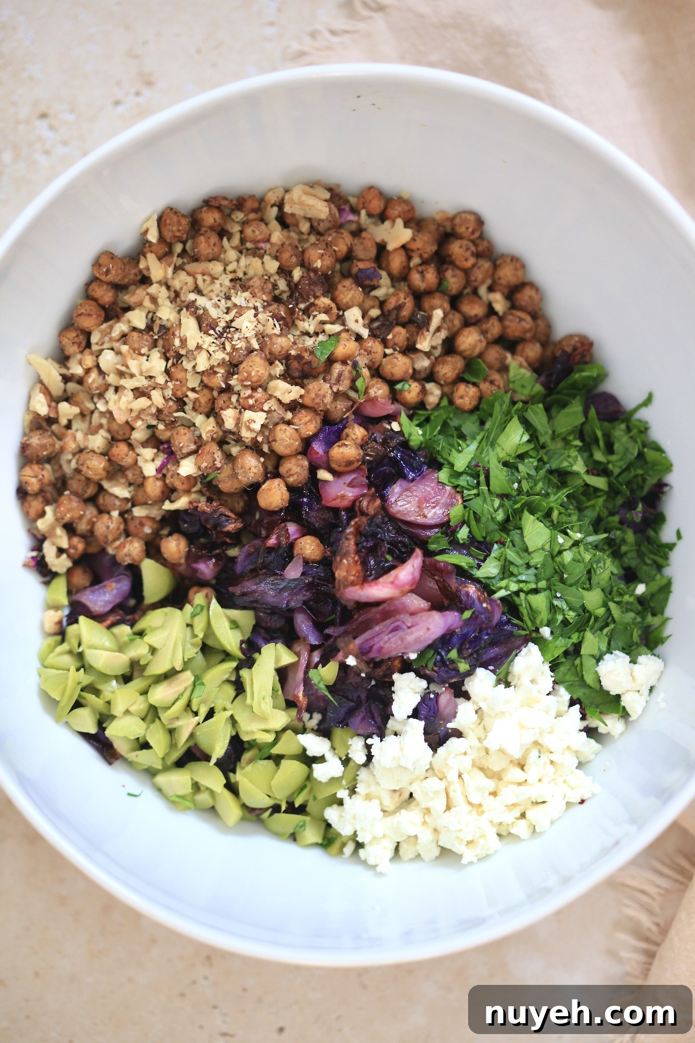 chickpea, feta, parsley in bowl