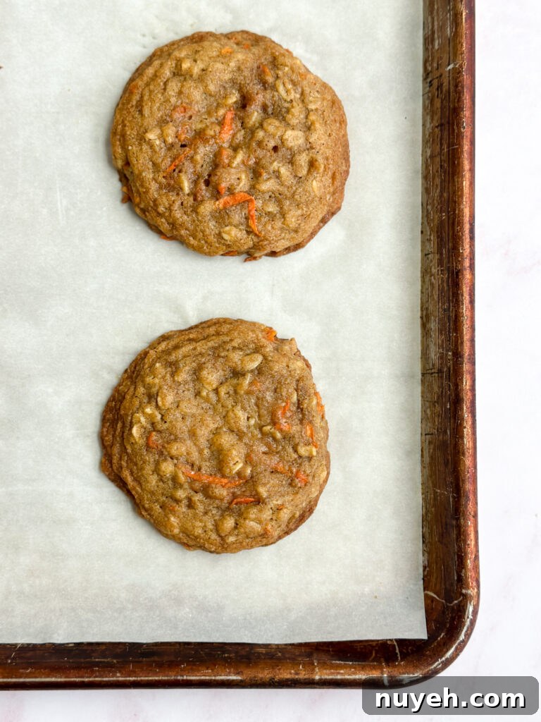 chewy carrot cake cookies after baking.