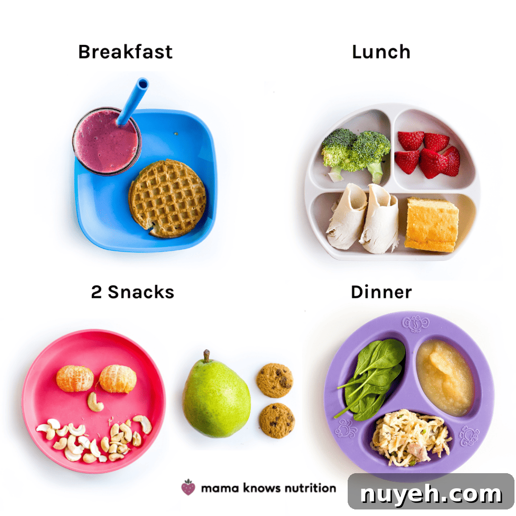 Day of plated lower sodium meals and snacks for toddler on colorful plates