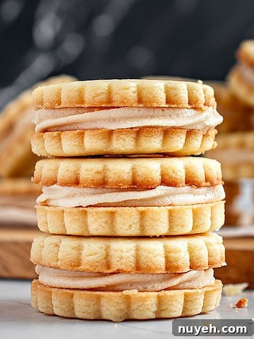 Classic Frosted Sugar Cookies Recipe 13 Three vanilla sandwich cookies in a pile. Dark background.