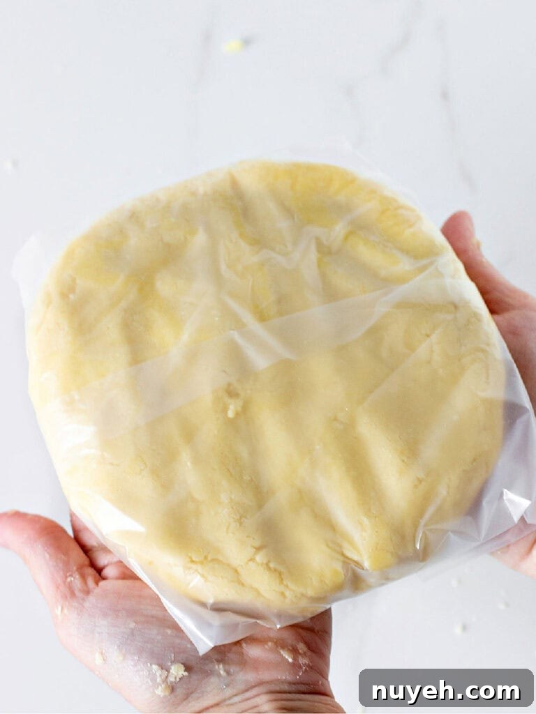 Classic Frosted Sugar Cookies Recipe 5 Wrapped sugar cookie dough held over marbled counter.