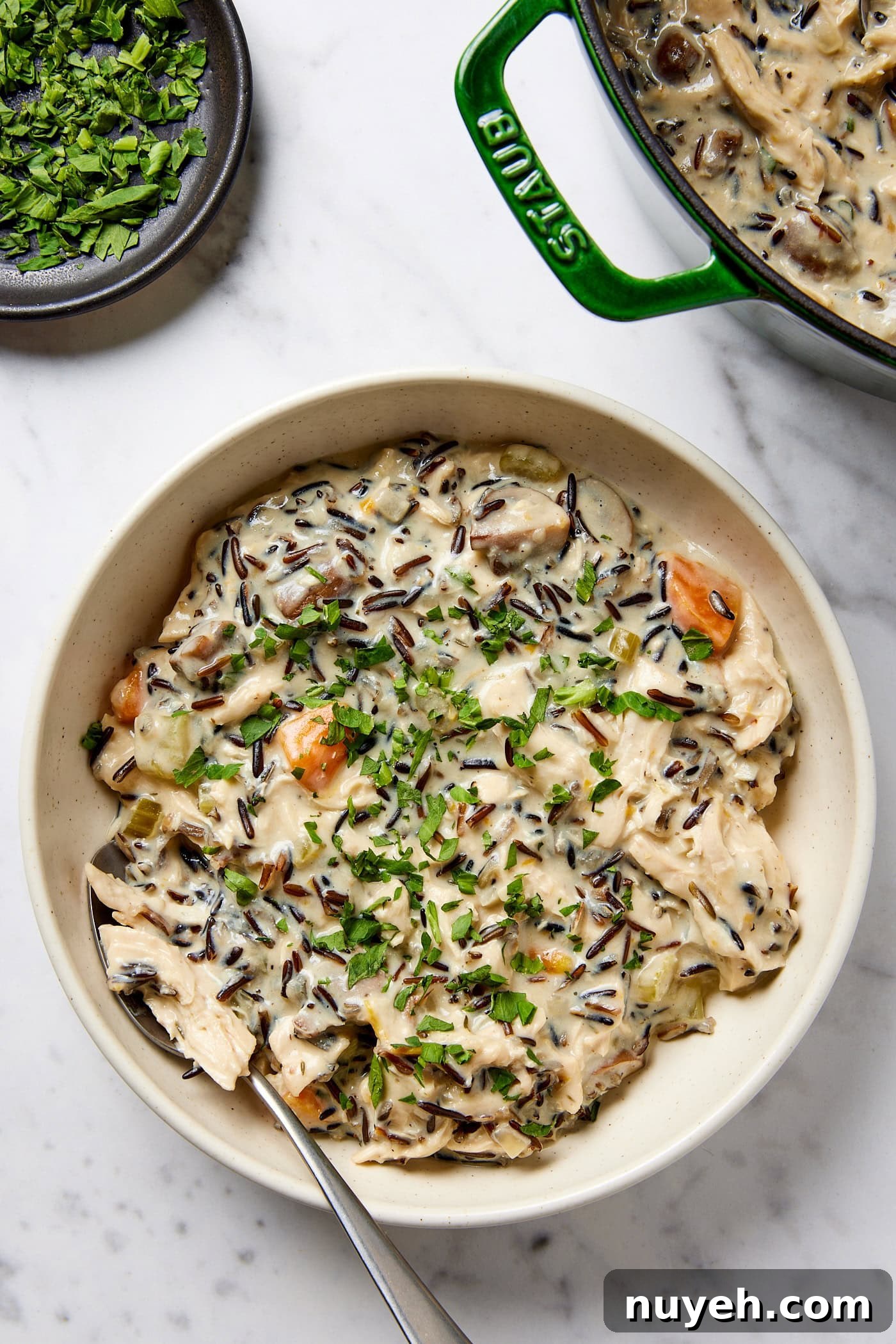 Creamy Chicken and Wild Rice Soup Recipe 13 A bowl of chicken and wild rice soup garnished with chopped celery leaves.