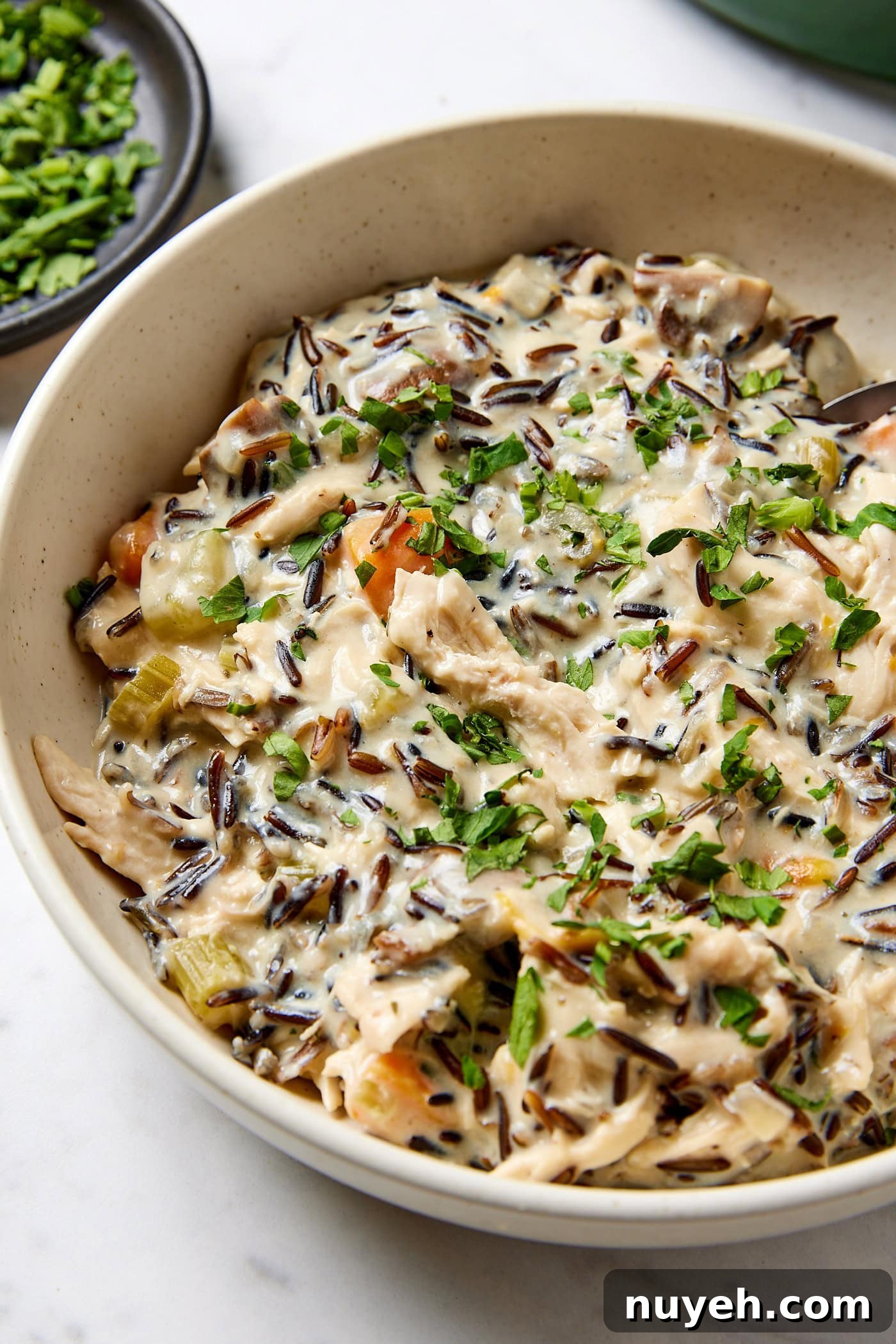Creamy Chicken and Wild Rice Soup Recipe 3 Chicken and wild rice soup in a bowl.