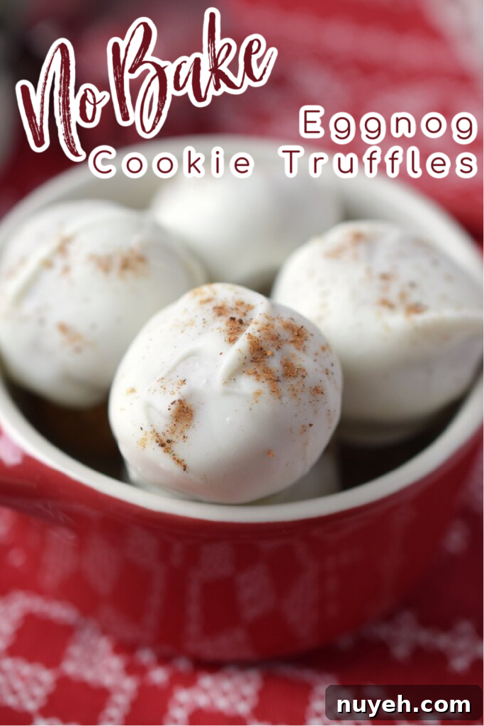 Eggnog Cookie Truffles – white chocolate coated truffles dusted with nutmeg