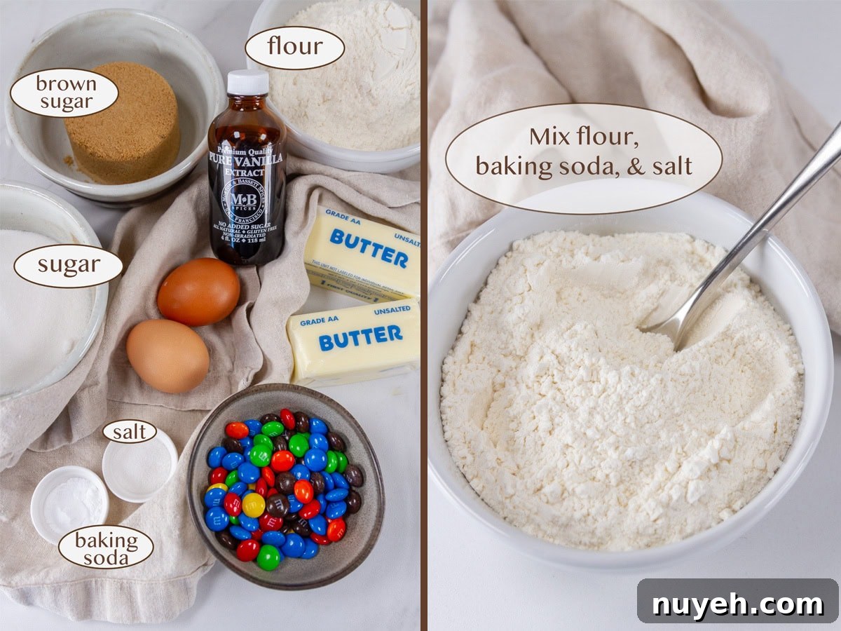 ingredients on left and dry ingredients mixed in a bowl on right.