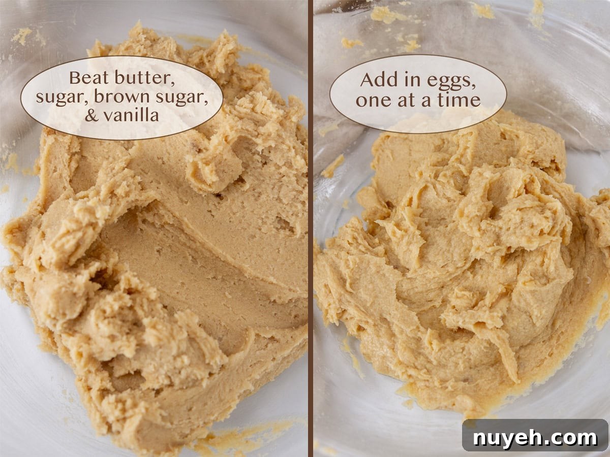 creamed butter and sugar on left and with eggs mixed in on right.