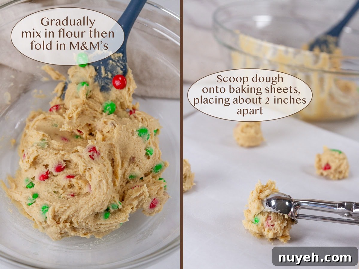 mixing candies into the cookie dough on left and scooping out the dough on right.