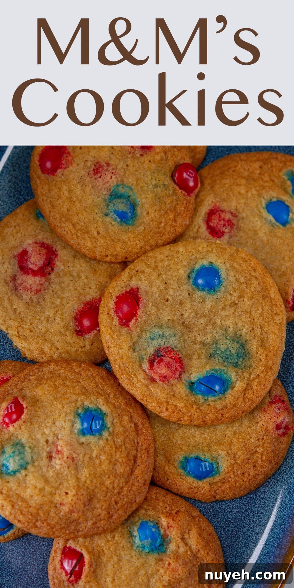 cookies with chocolate candies baked in piled up on a blue plate.
