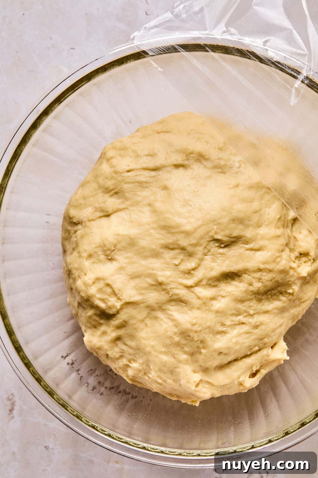 cinnamon roll dough in a bowl after rising the first time.