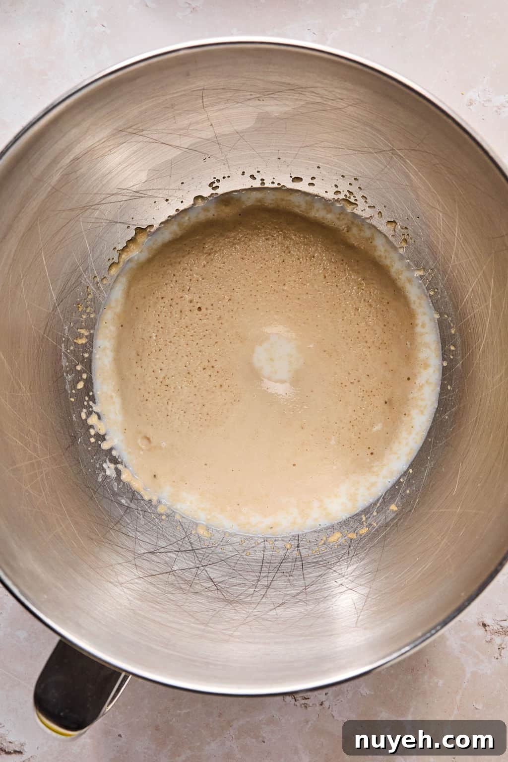 milk, yeast, and sugar whisked in a mixing bowl until its activated and frothy.