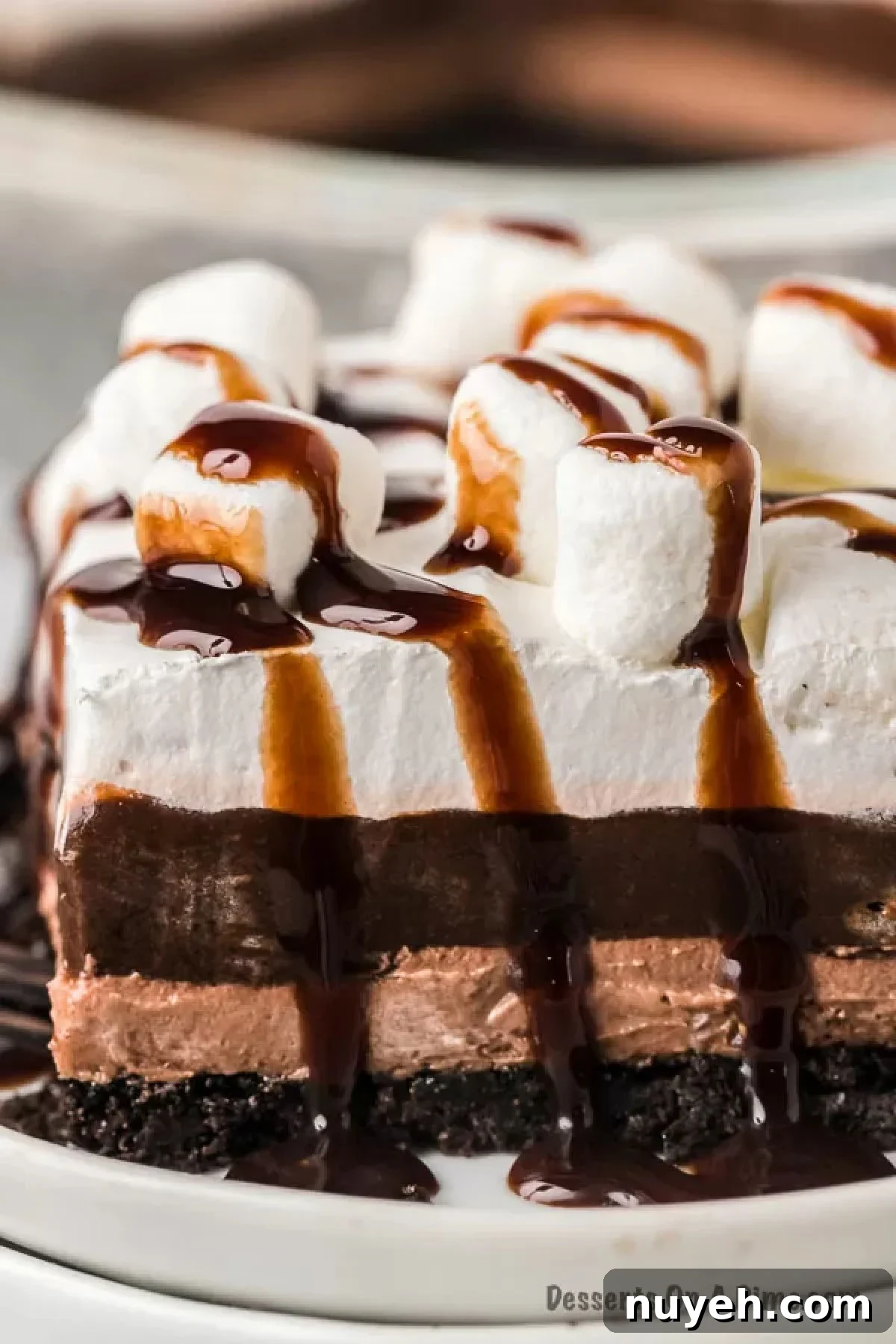 Close up of a piece of hot chocolate lasagna on a small white plate with chocolate syrup drizzled on top of it