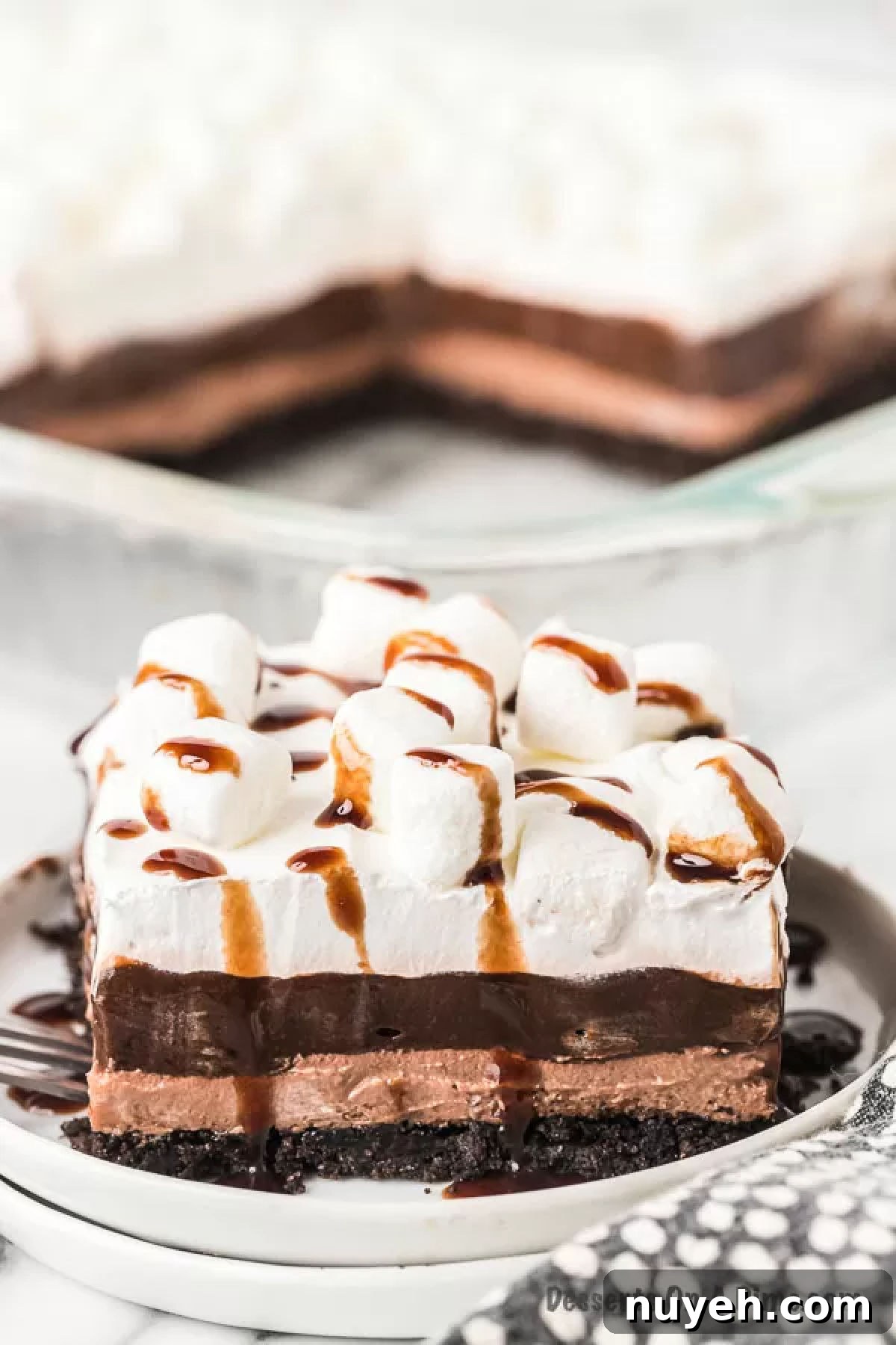 A piece of hot chocolate lasagna on a small white plate with the remaining lasagna in a pan behind it