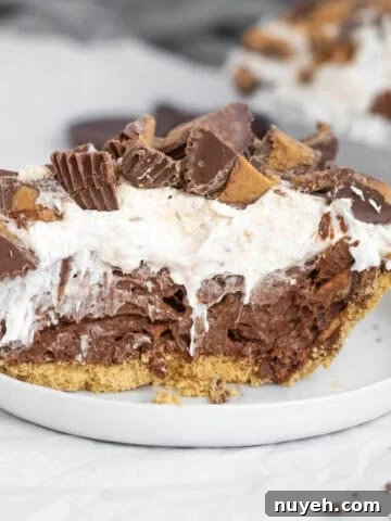chocolate peanut butter cup pudding pie on a white plate.