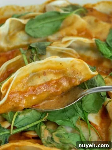potstickers on a spoon over the serving dish.