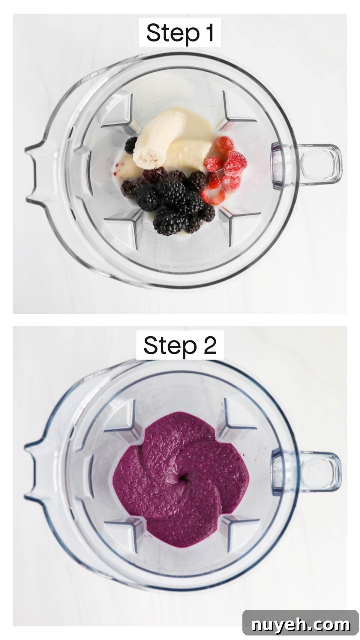 Two images labeled step 1 and step 2. Step 1 has a blender with the top off filled with banana, berries, and oat milk. Step 2 has the same blender but the ingredients are blended together.