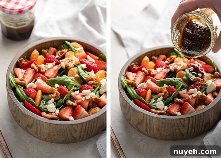 Process photos of an undressed salad, and an action shot of a person pouring dressing onto it from a small jam jar.