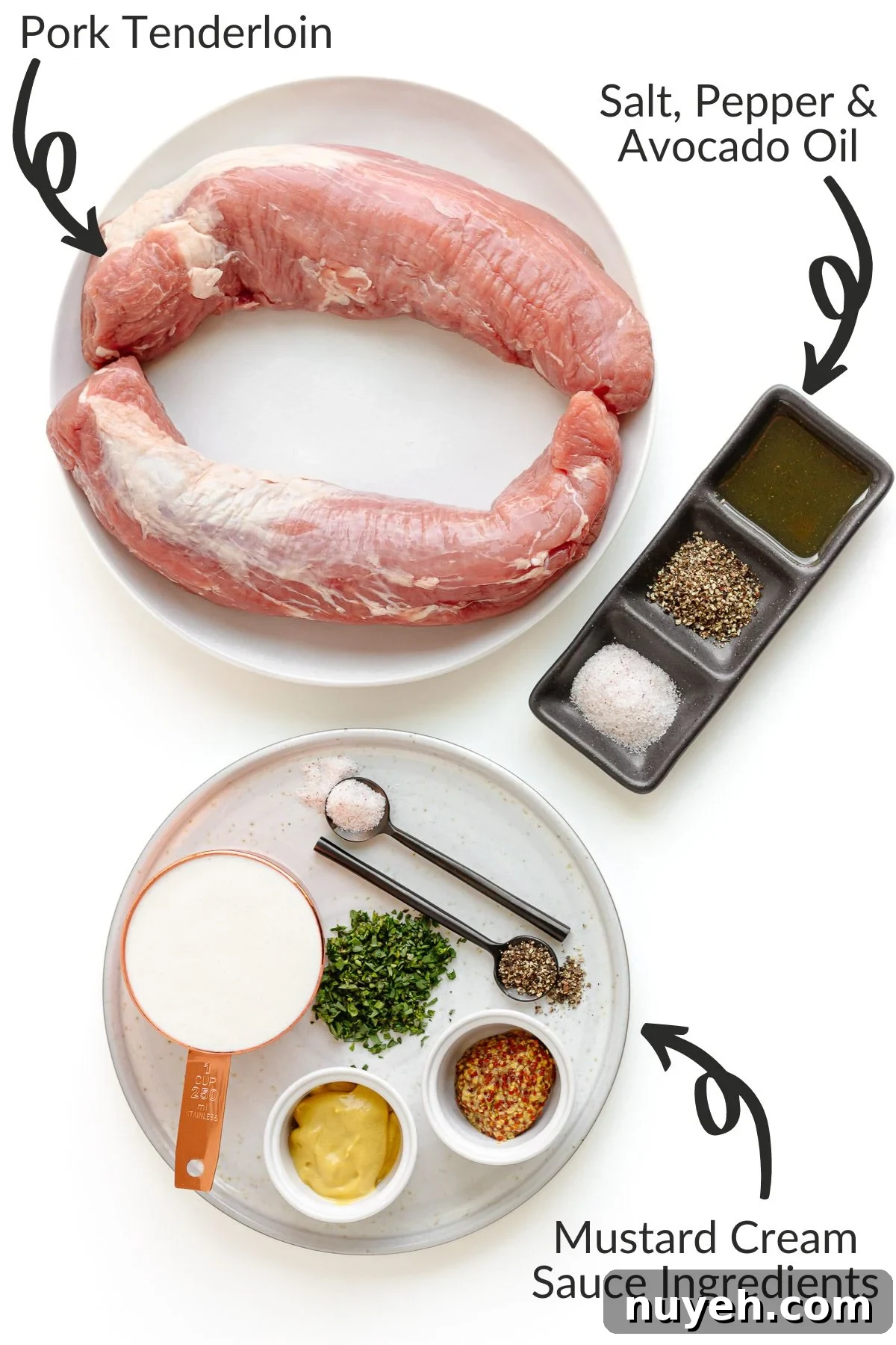 Labelled photo of ingredients needed to make pork tenderloin with mustard sauce.