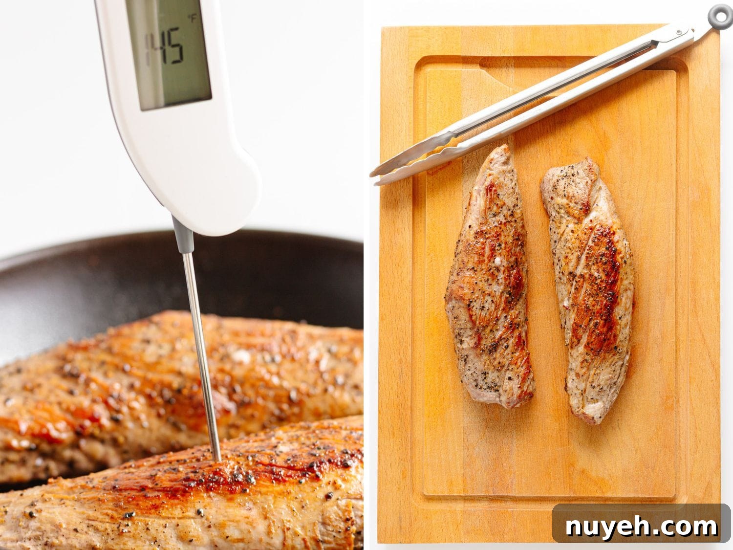 Photo collage showing pork tenderloin out of oven getting temperature checked and on a wooden board resting.