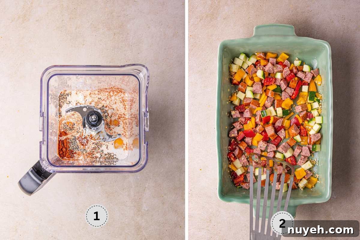 Blending the cottage cheese mixture and combining the zucchini, bell pepper and sausage in the baking dish.