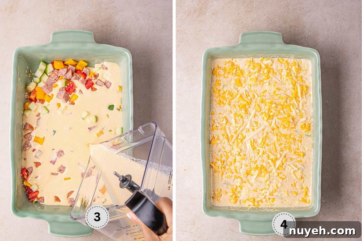 Pouring the egg mixture into the pan with the veggies, then topping with the cheese.