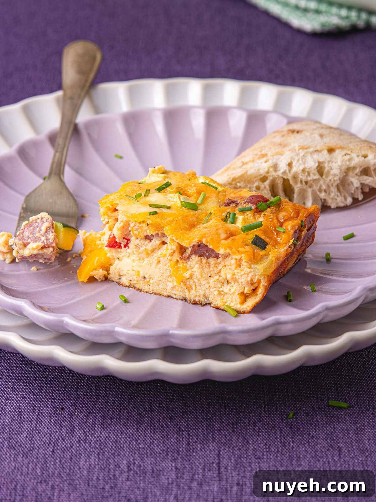 A slice showing the texture of the eggs.