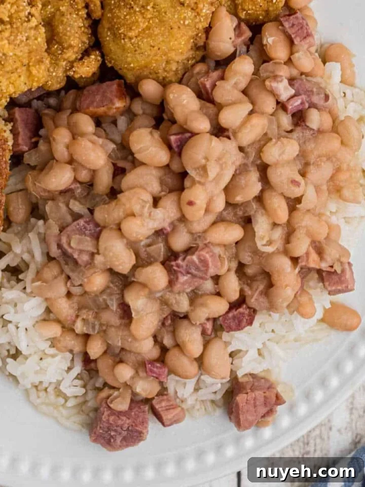 close up of white beans over rice on a plate with catfish peeking in