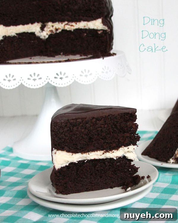 Copycat Ding Dong Cake Recipe with Chocolate Filling 2 Ding Dong Cake-rich devil's food cake, a vanilla cream filling and smothered in chocolate ganache!
