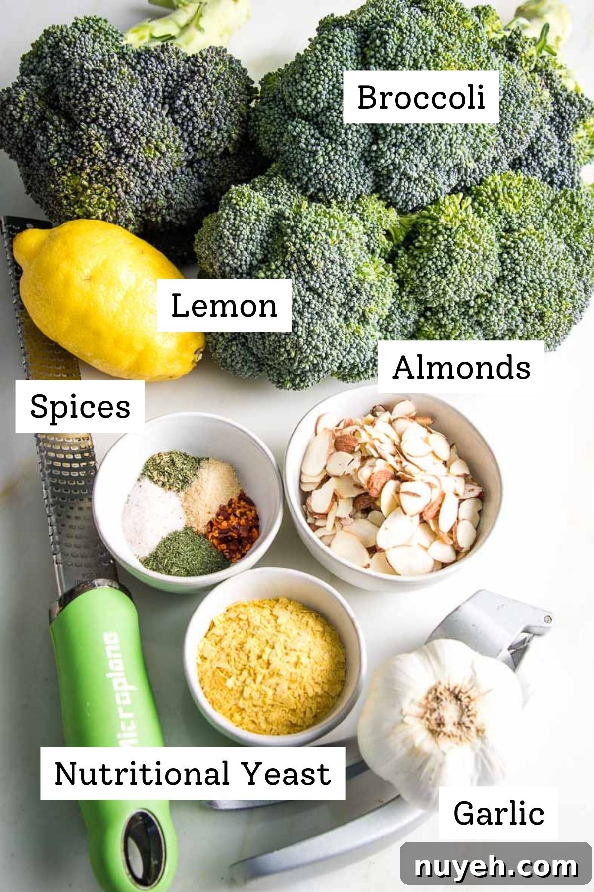 Labeled ingredients: broccoli, lemon, almonds, spices, garlic and nutritional yeast.