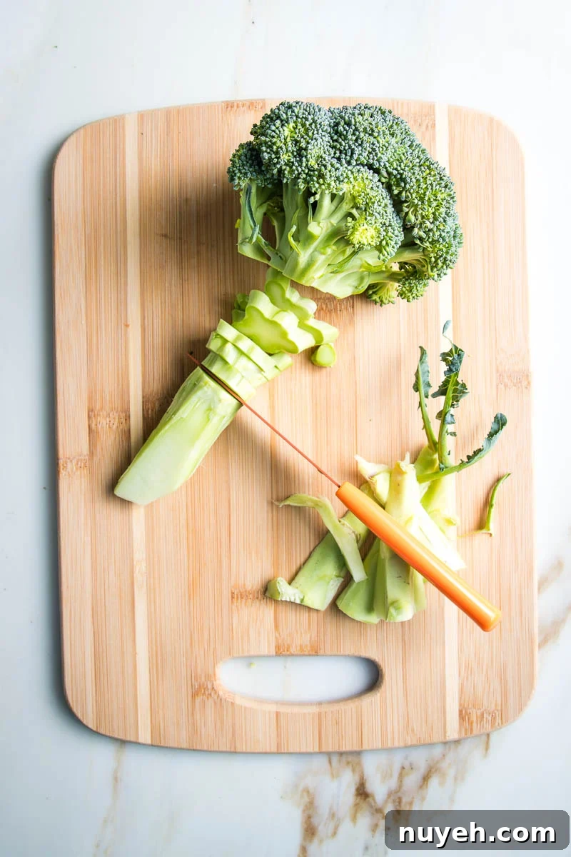 Slicing the stem of a head of broccoli into ¼" discs.