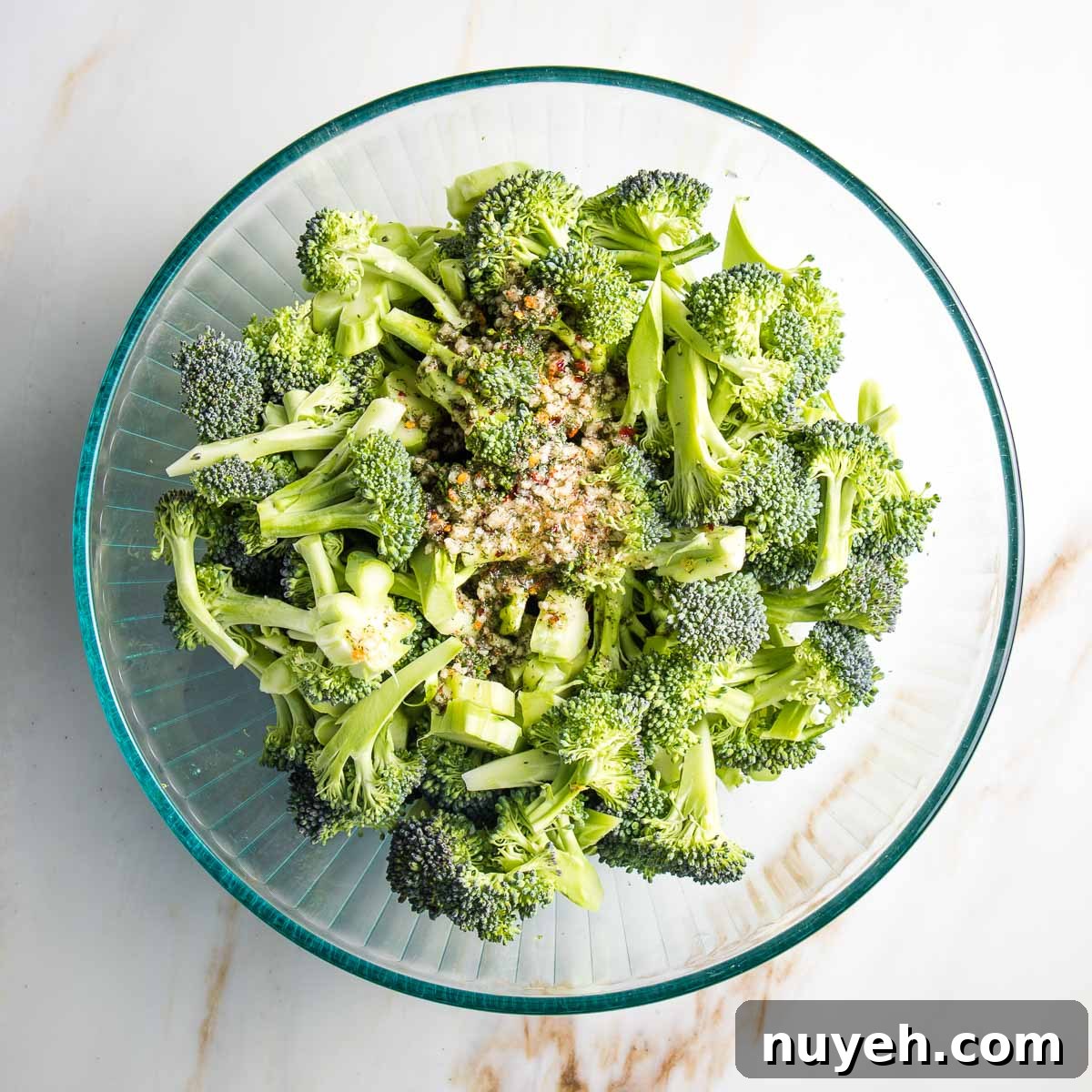 Bowl of broccoli with marinade