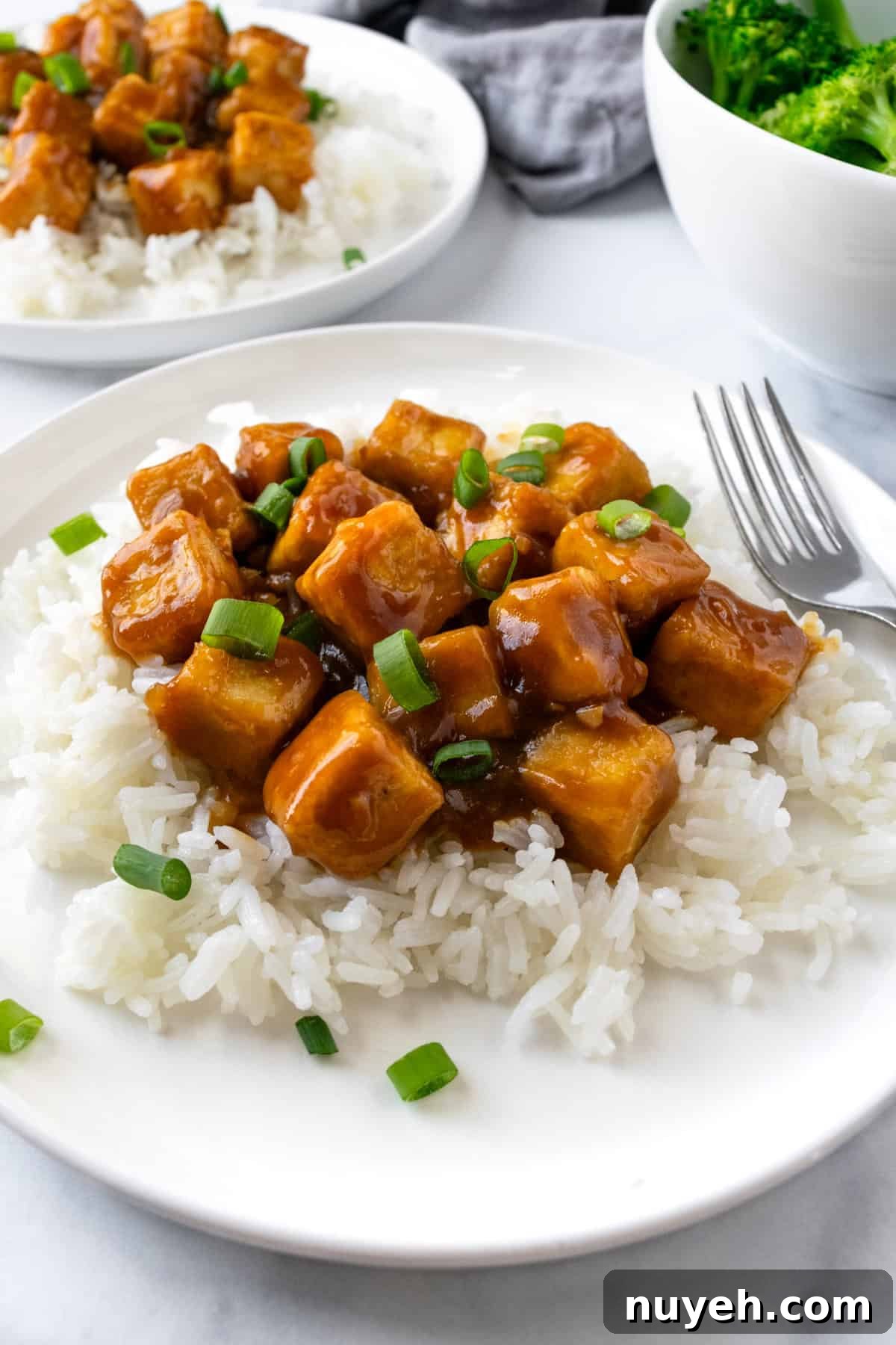Crispy Orange Tofu Recipe with Sticky Citrus Glaze 7 Sticky Orange Tofu on a white rice on a white plate.