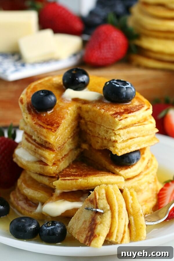 Fluffy Cornbread Pancakes Recipe with Honey Butter 4 A stack of flapjacks with a piece removed to show the inside.