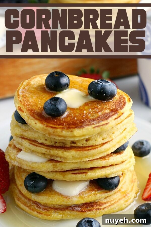 Fluffy Cornbread Pancakes Recipe with Honey Butter 6 A stack of pancakes with blueberries and maple syrup.