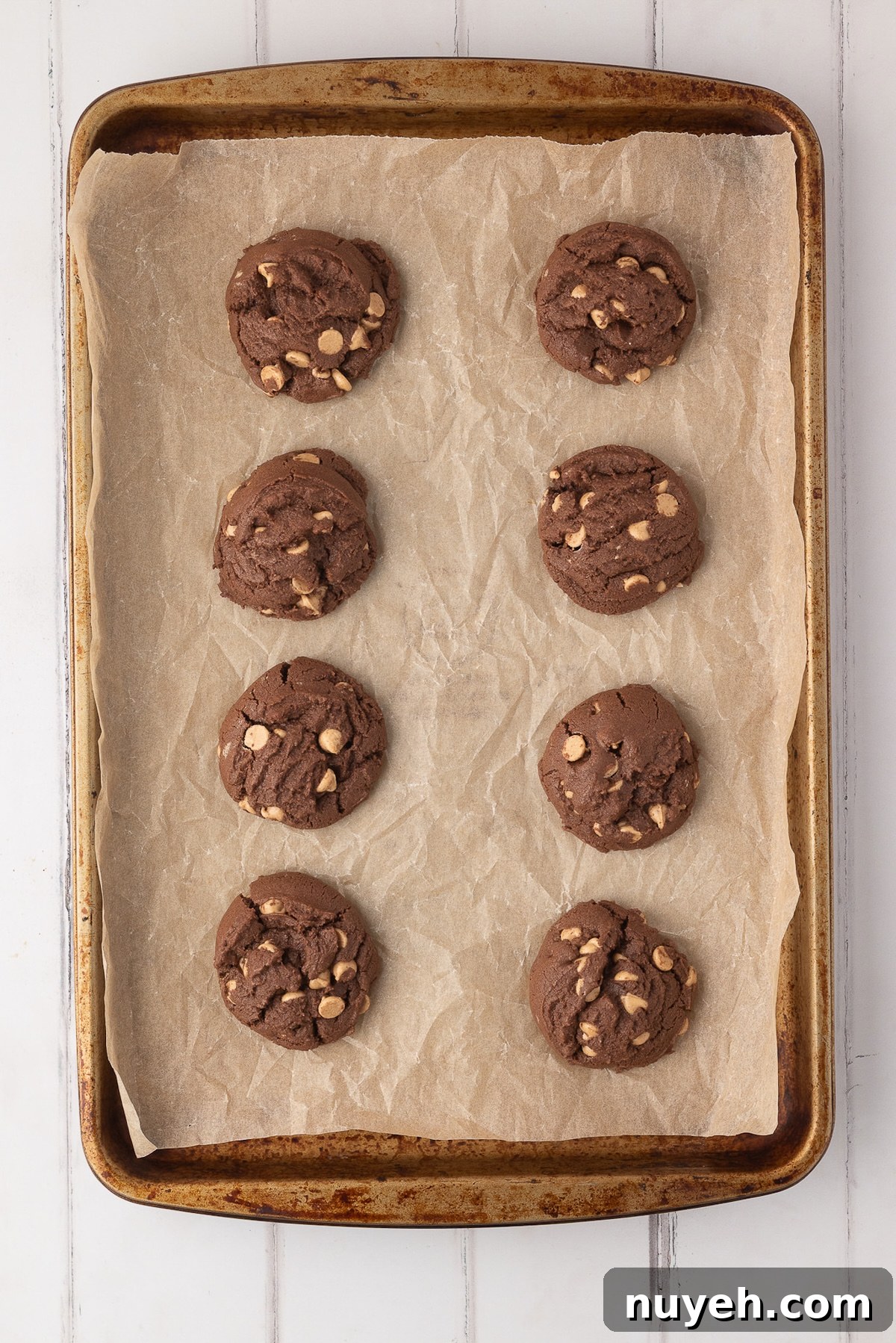 Freshly baked chocolate cookies with melted peanut butter chips cooling on baking sheet after just coming out of the oven.