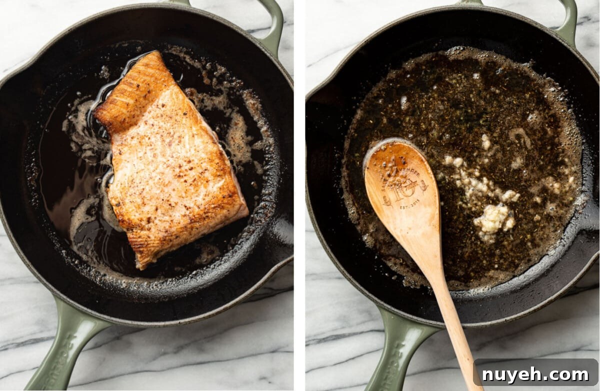 searing salmon in a skillet and making white wine sauce with garlic