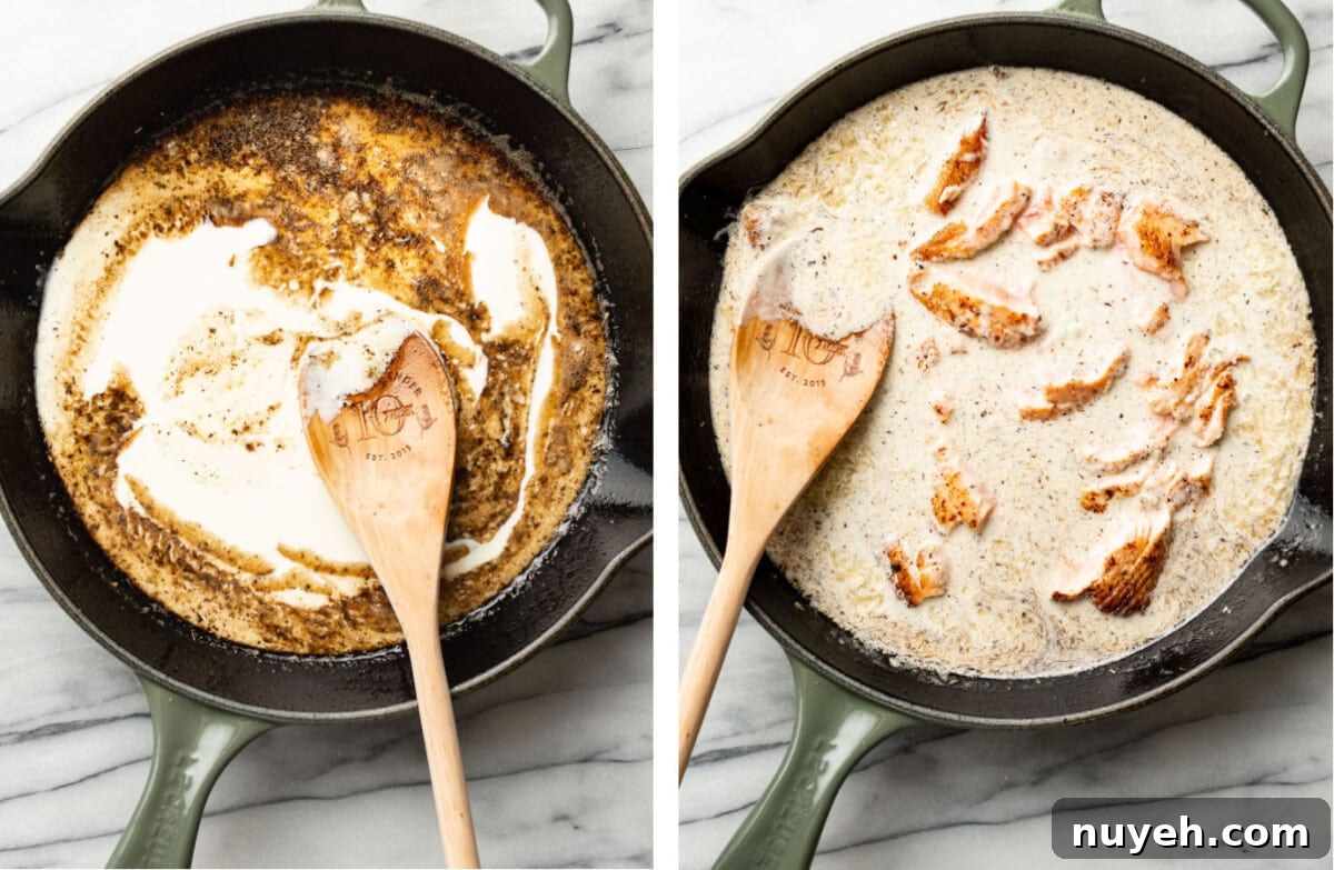 stirring cream into a sauce in a skillet and adding in salmon