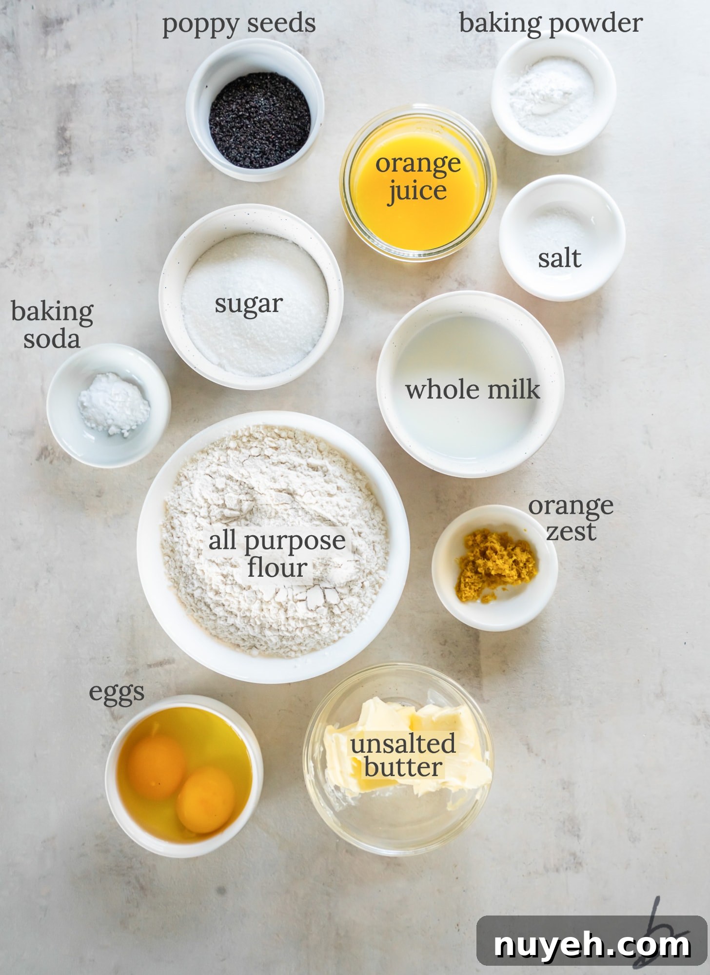 Zesty Orange Poppy Seed Muffins Recipe 4 orange poppy seed muffin ingredients in bowls labeled with text