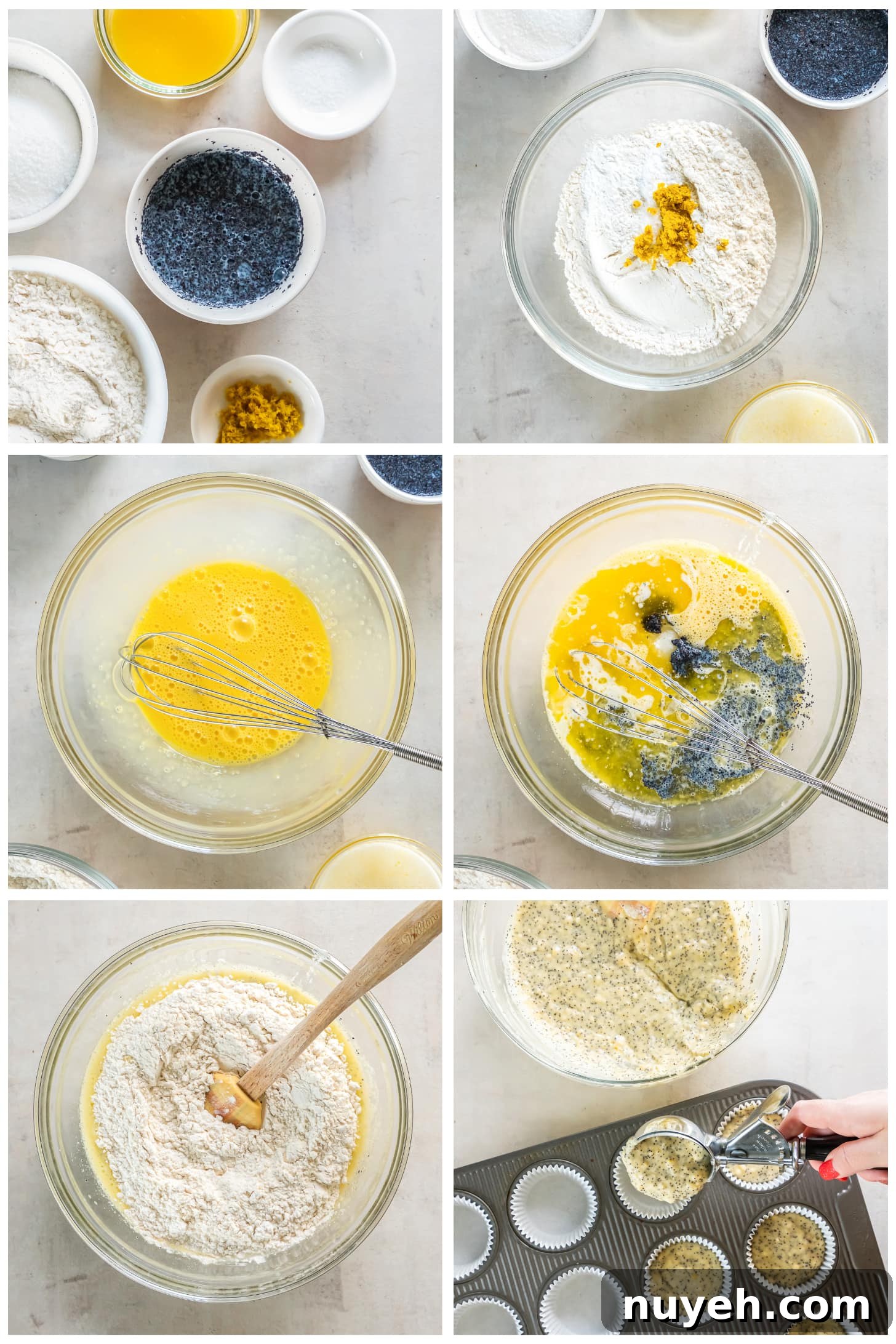 Zesty Orange Poppy Seed Muffins Recipe 5 photo collage demonstrating how to make orange poppy seed muffins in a mixing bowl