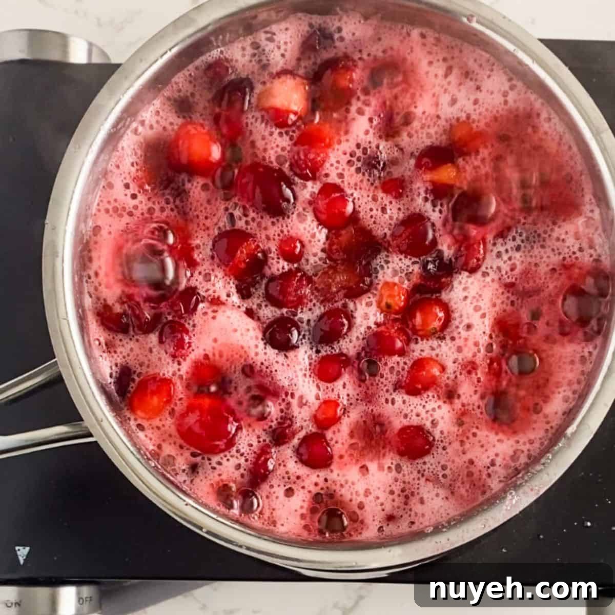 cranberries sugar and water boiling in a saucepan.