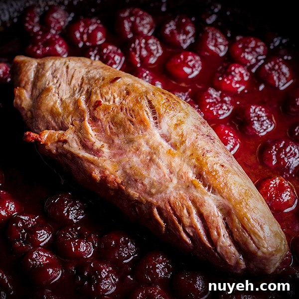 A pork tenderloin in a skillet with red wine cherry sauce.