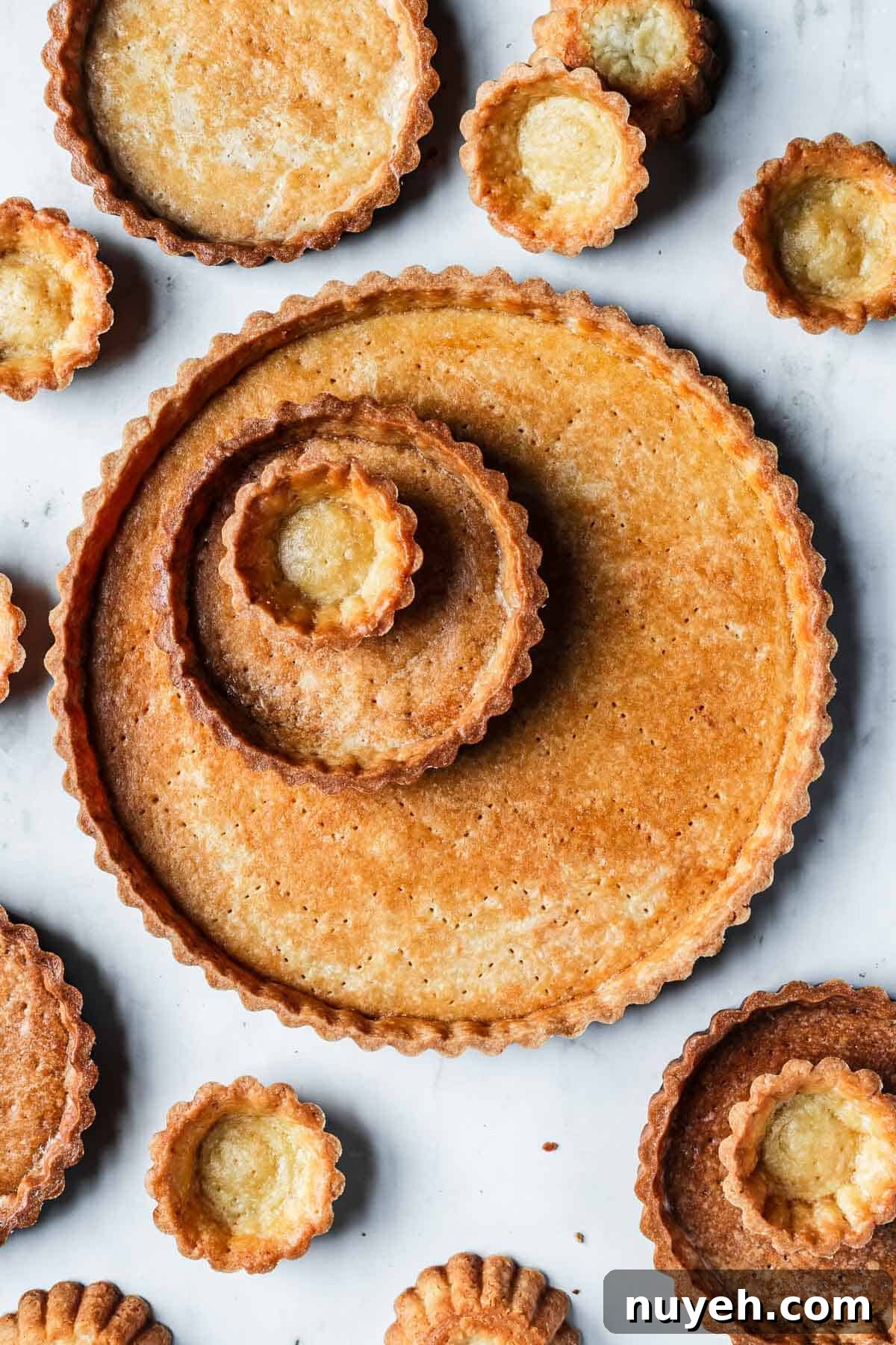 Golden brown baked pate sucree tart shells stacked in tartlet, mini and large sizes.