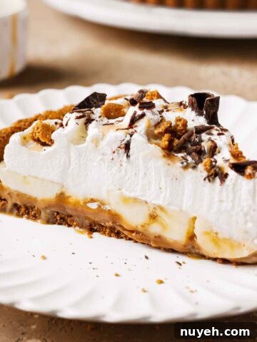 A slice of banoffee tart on a plate showing layers of dulce de leche, bananas and whipped cream.