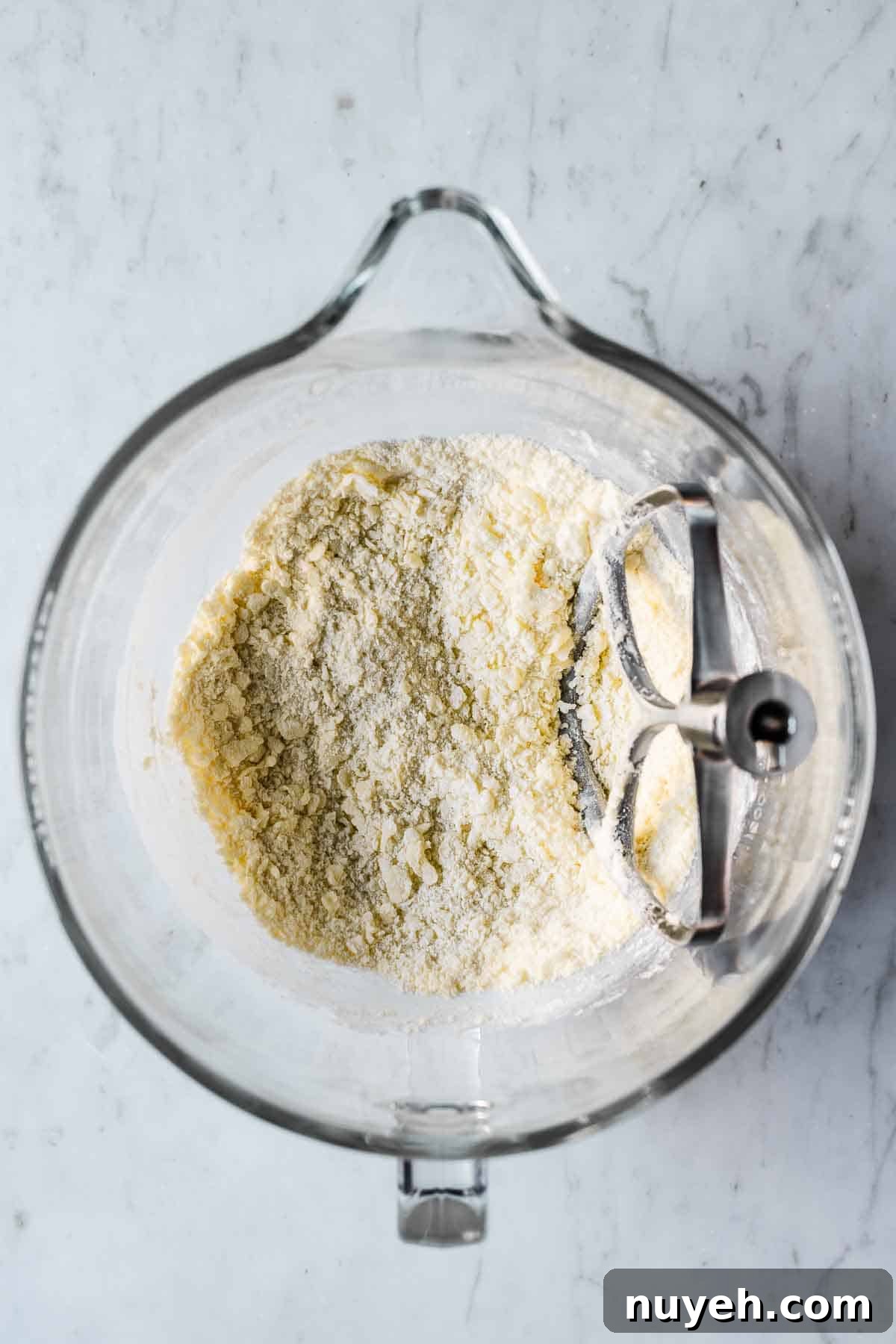 Mixing bowl with butter, sugar and flour combined.