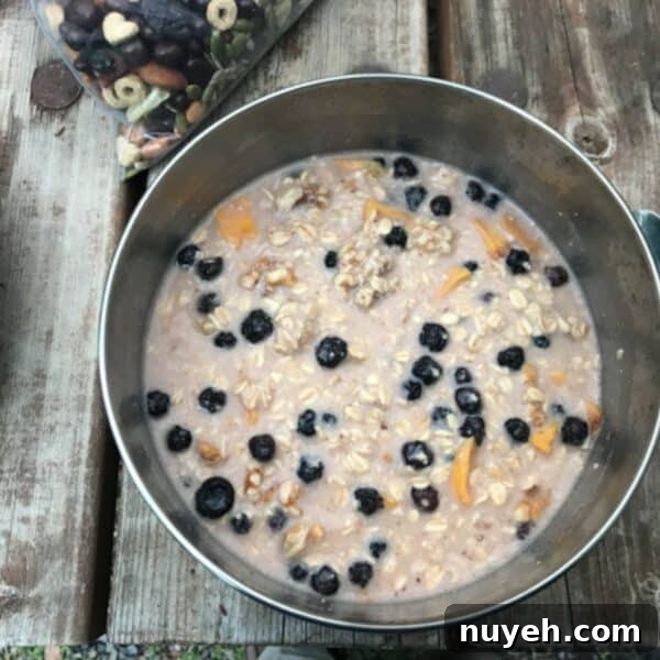 blueberry peach oatmeal mix in camping pot on wood picnic table ready to cook