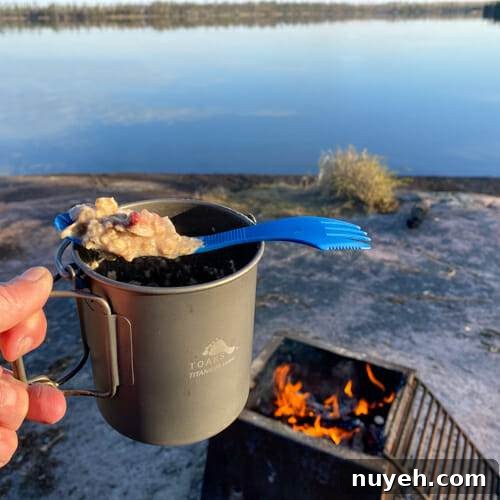 oatmeal by fire and lake