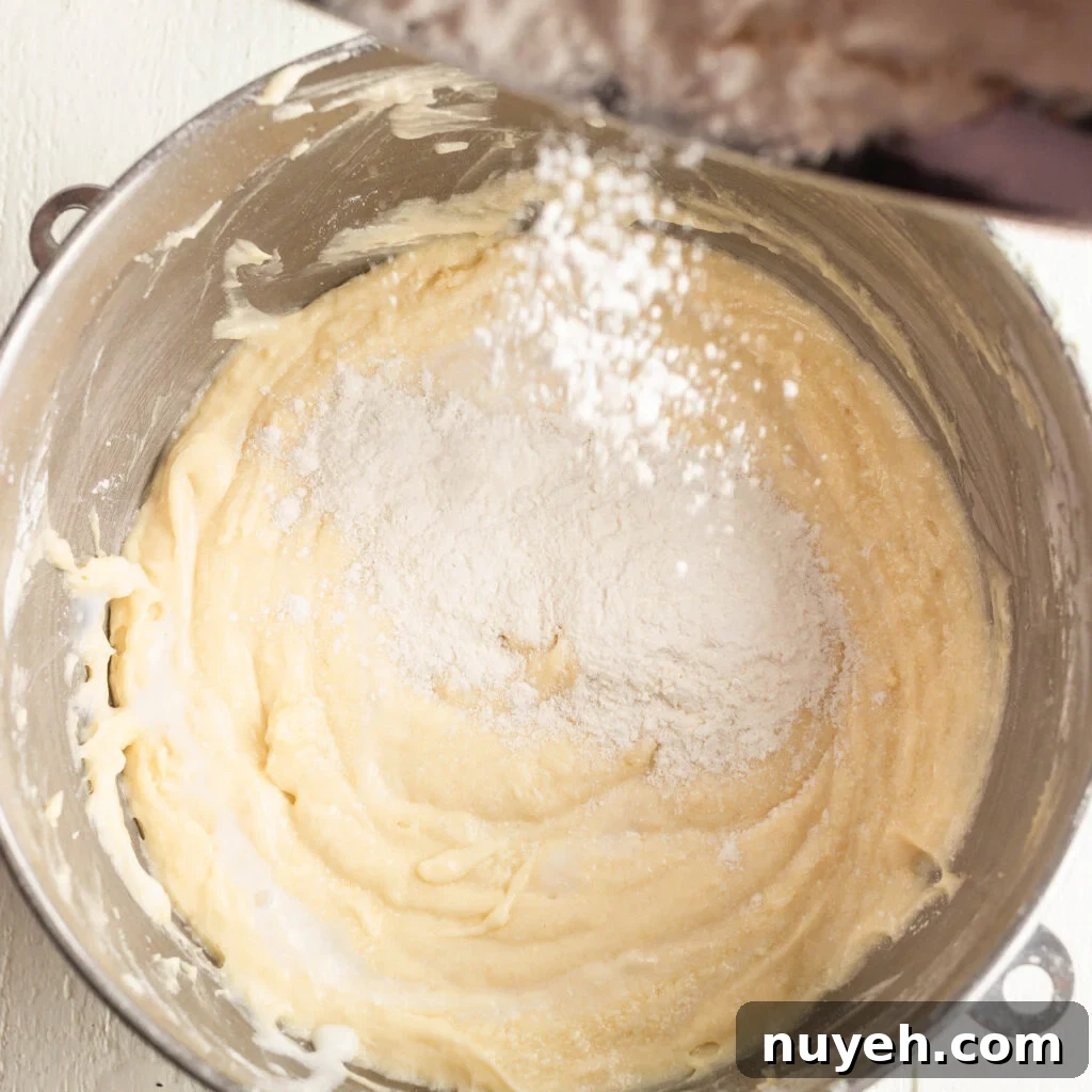 mixing in dry ingredients into batter until incorporated