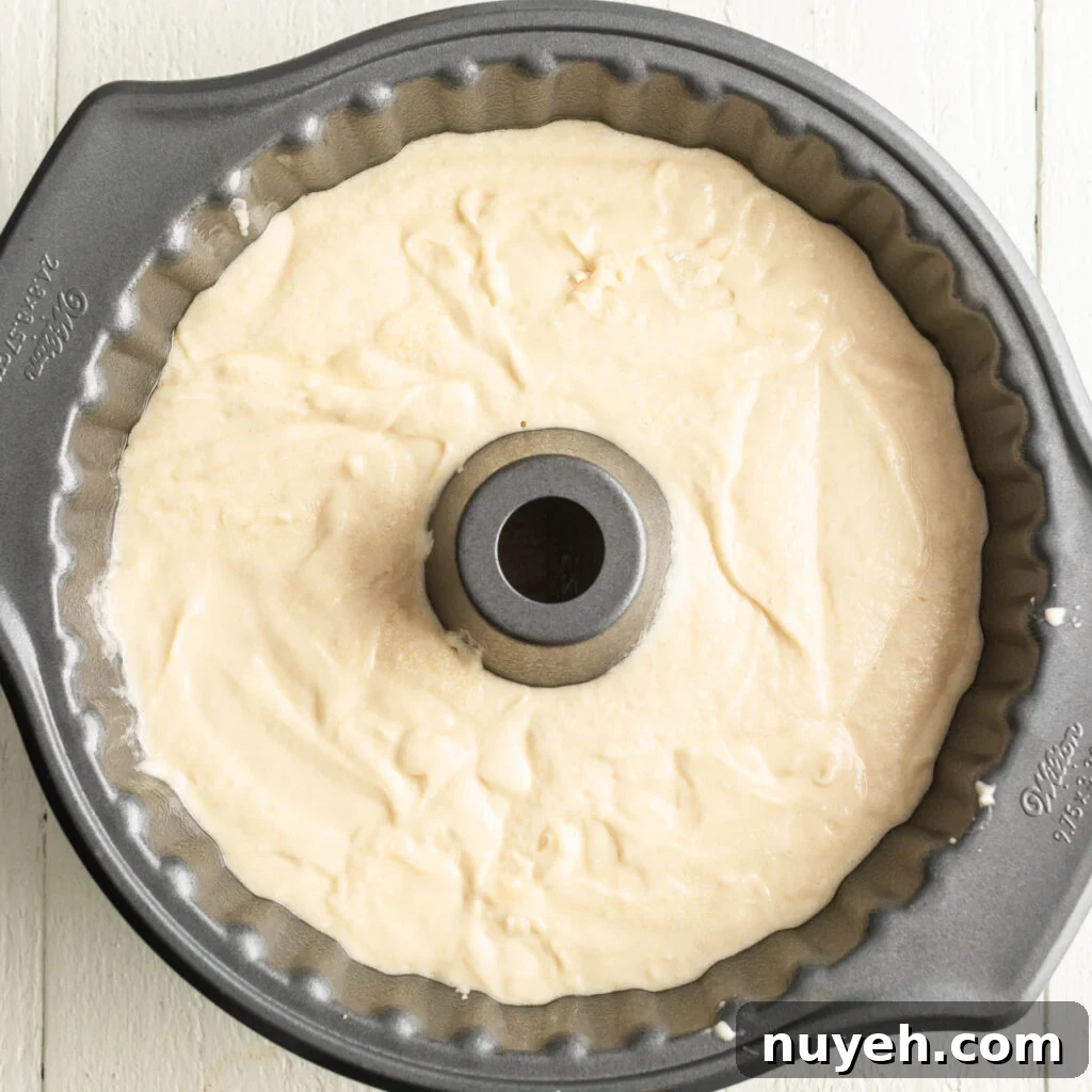 7-up pound cake batter in bundt pan